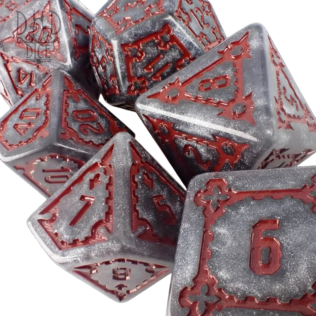 Giant Dice Set with Fire Giant Theme in Gray and Red Close Up