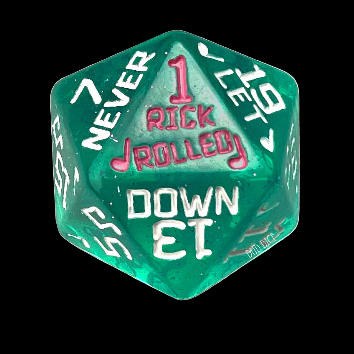 Rick Roll Giant d20 Dice in Green and Pink Nat 1 Close Up