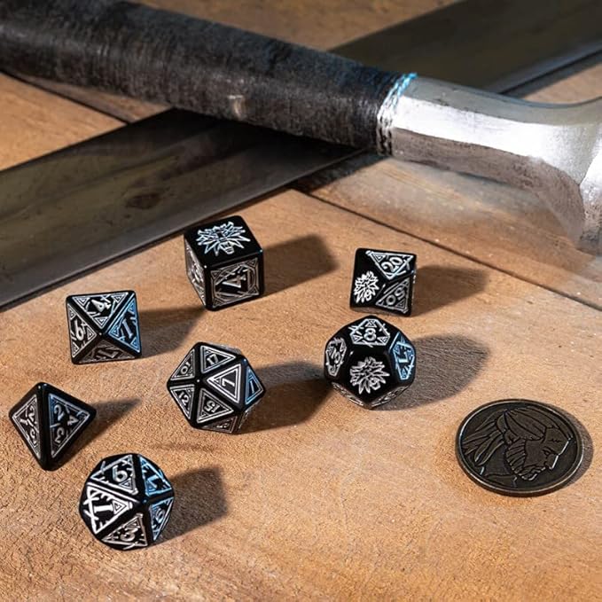 DnD Witcher Dice Set - Black and Silver - Witcher Coin - Display 1