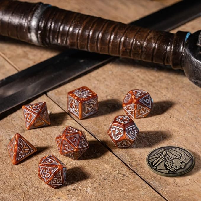 DnD Witcher Dice Set - Brown and White - Witcher Coin - Display 1