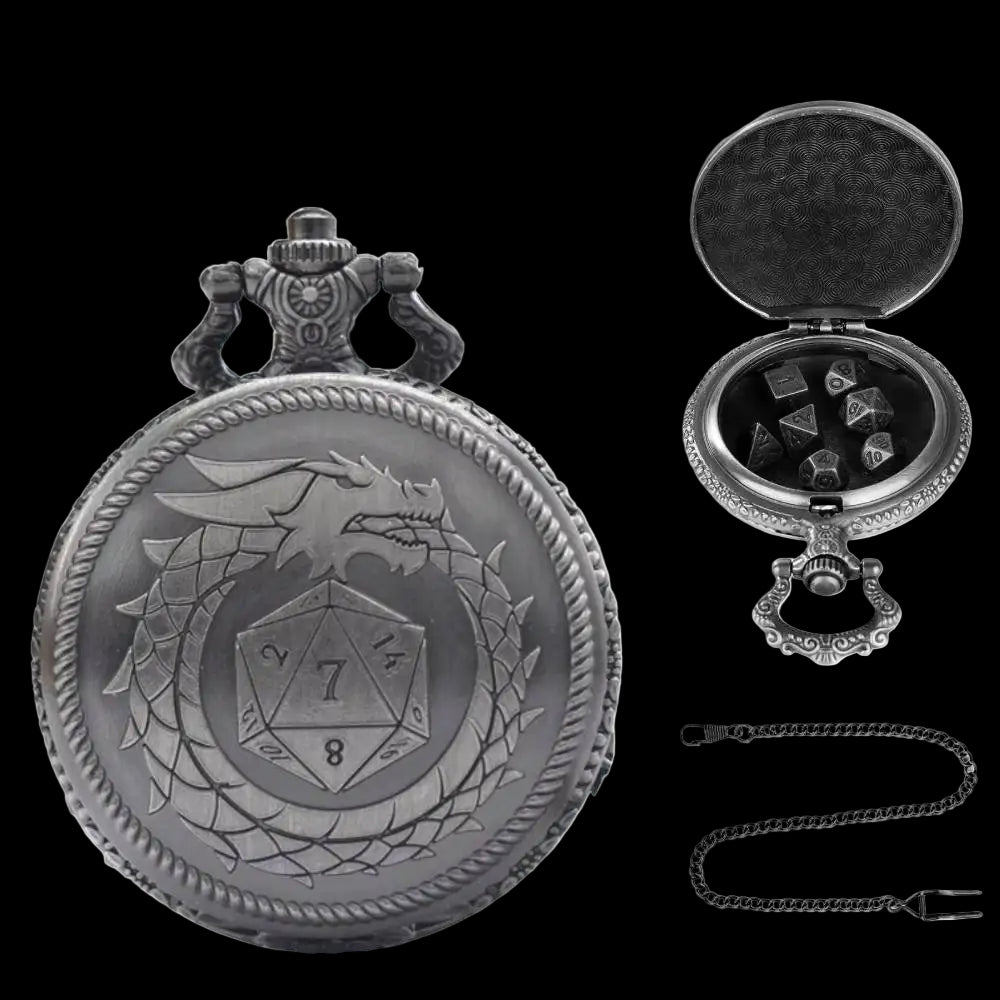 Mythical Metal Dice Cases – Vintage Dice Boxes - 7-Piece Pocket Watch Dice Sets