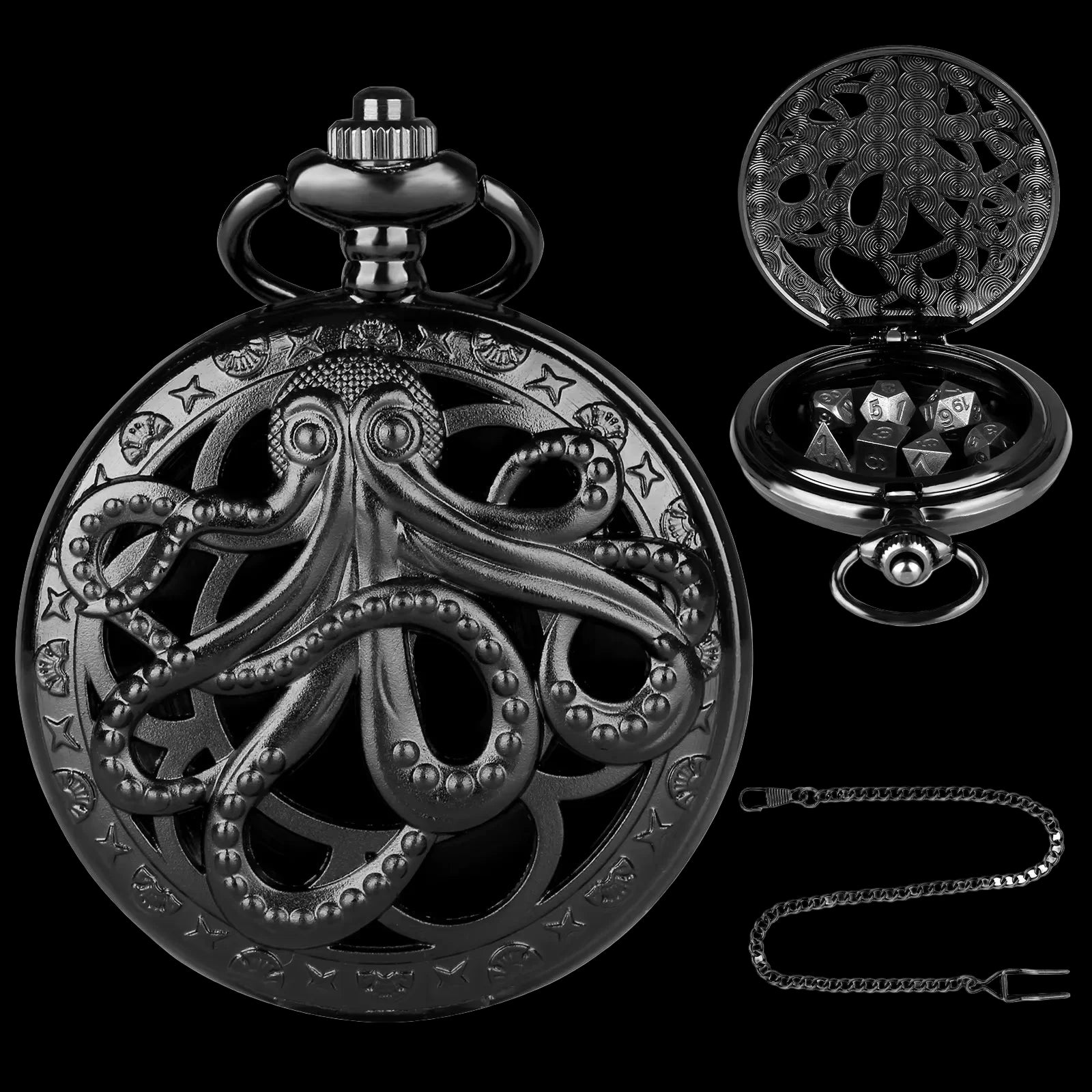 Mythical Metal Dice Cases – Vintage Dice Boxes - 7-Piece Pocket Watch Dice Sets