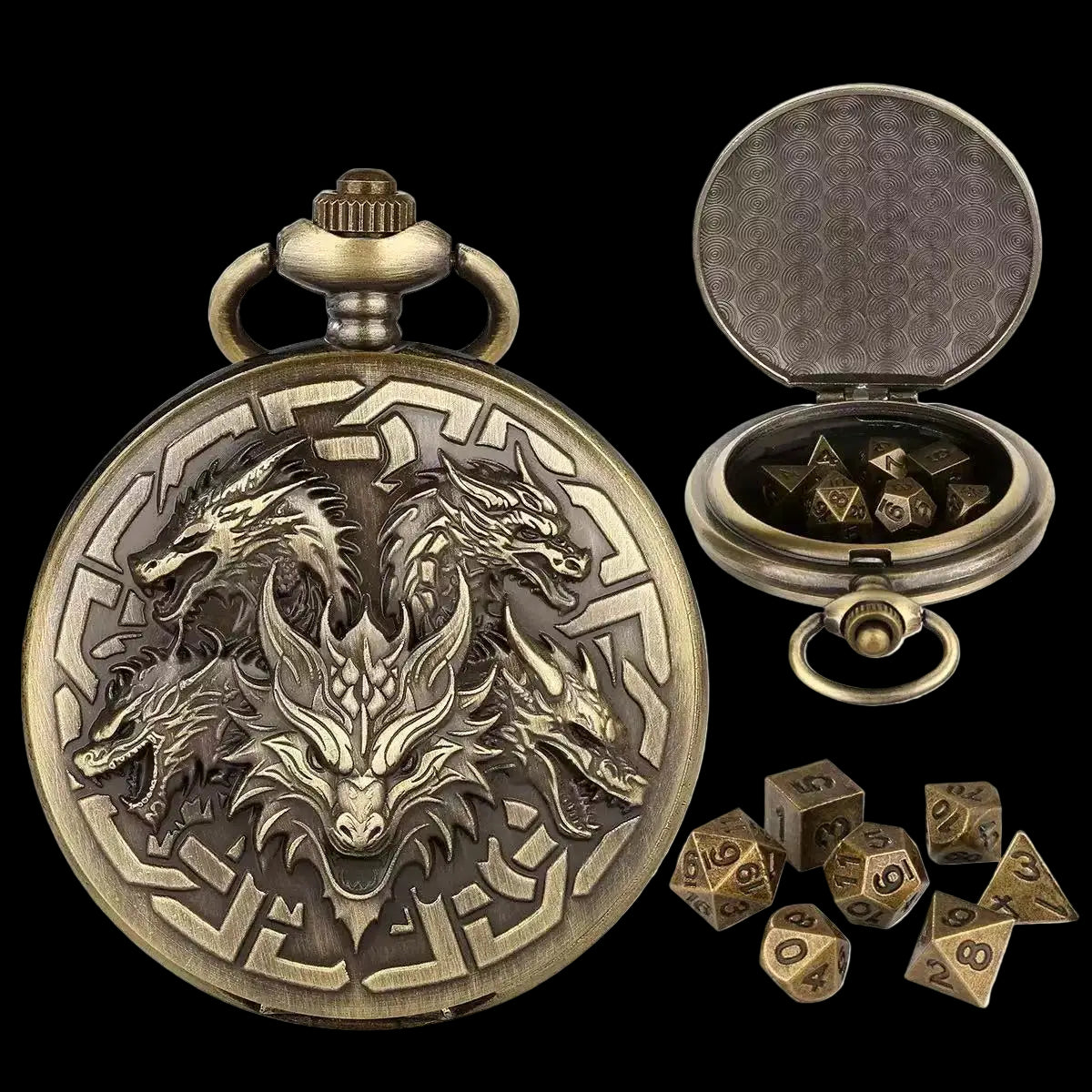 Mythical Metal Dice Cases – Vintage Dice Boxes - 7-Piece Pocket Watch Dice Sets
