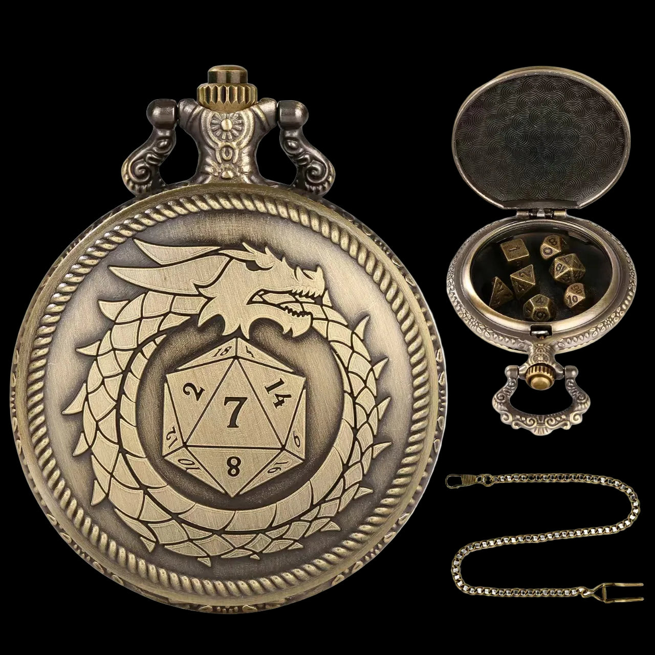 Mythical Metal Dice Cases – Vintage Dice Boxes - 7-Piece Pocket Watch Dice Sets