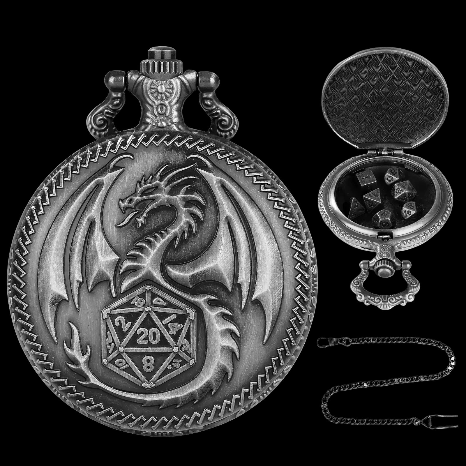 Mythical Metal Dice Cases – Vintage Dice Boxes - 7-Piece Pocket Watch Dice Sets
