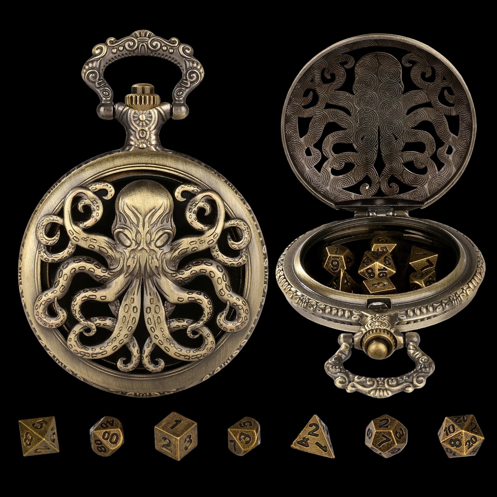 Mythical Metal Dice Cases – Vintage Dice Boxes - 7-Piece Pocket Watch Dice Sets