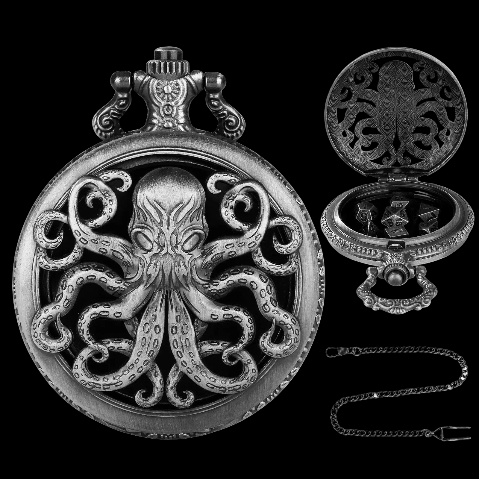 Mythical Metal Dice Cases – Vintage Dice Boxes - 7-Piece Pocket Watch Dice Sets