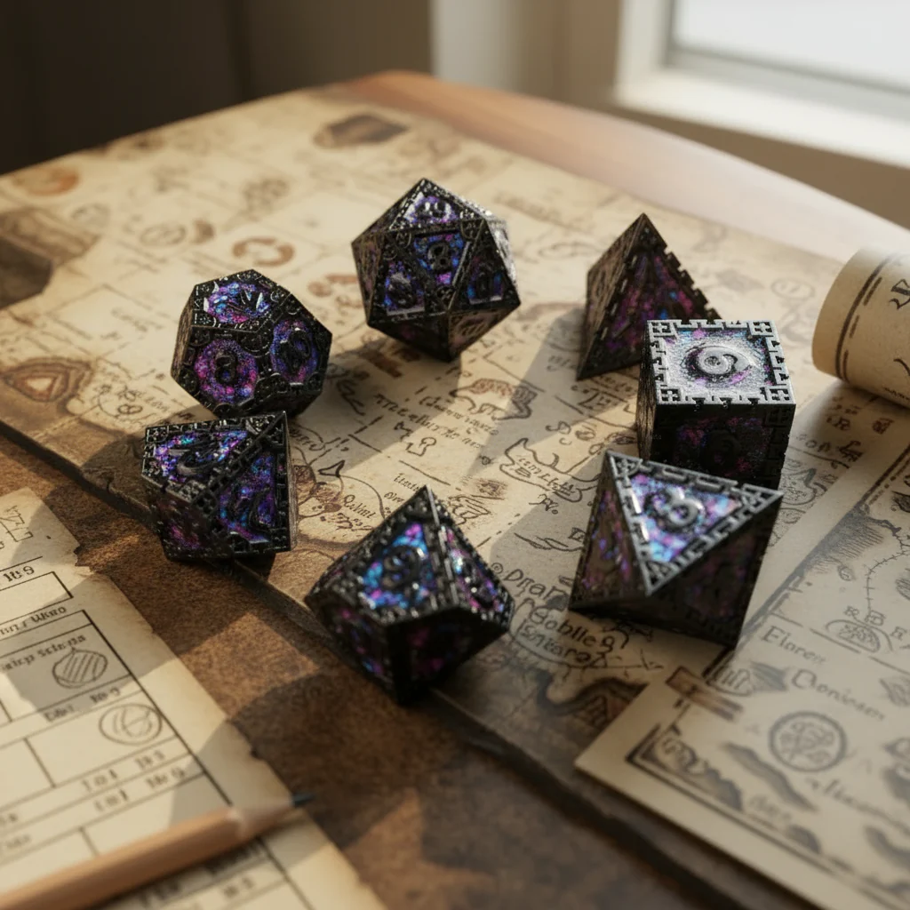 Metal DnD Dice Set - Purple and Black - Assimilation - Close Up