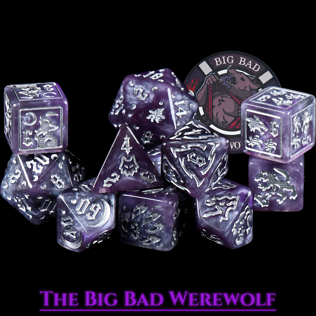 Werewolf Themed Dice Set in Purple and Silver Resin