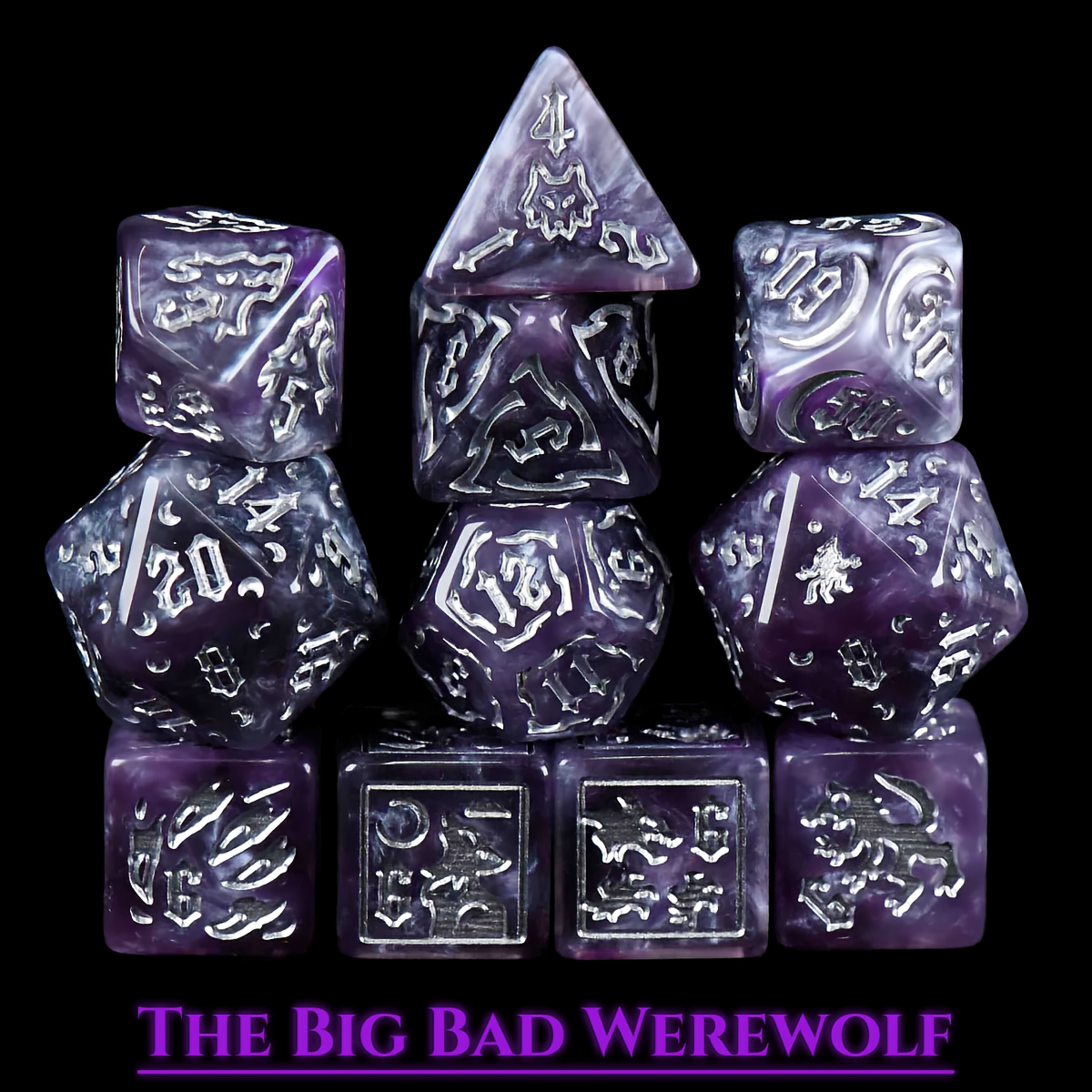 Werewolf Themed Dice Set in Purple and Silver Resin - All Dice