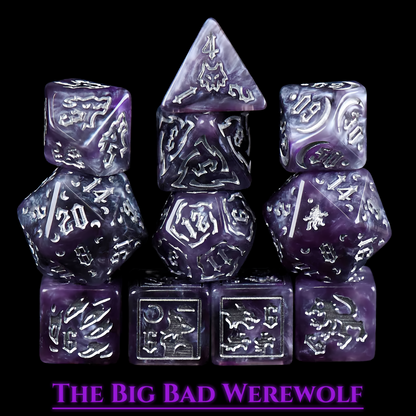 Werewolf Themed Dice Set in Purple and Silver Resin - All Dice