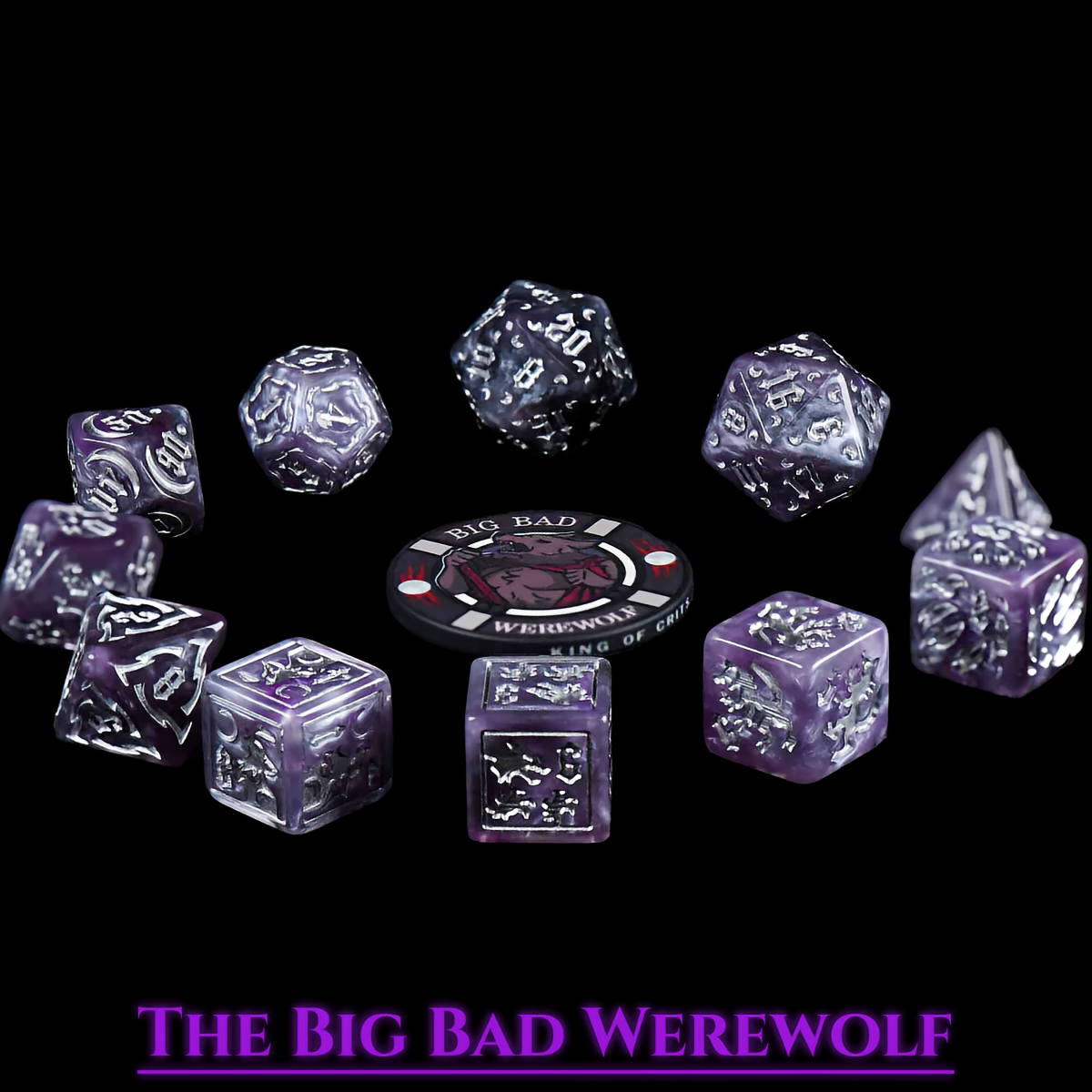 Werewolf Themed Dice Set in Purple and Silver Resin –  Top View