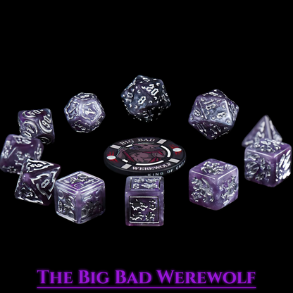 Werewolf Themed Dice Set in Purple and Silver Resin –  Top View