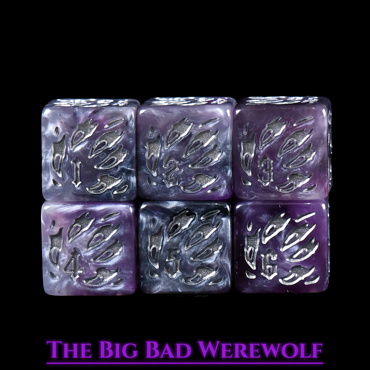 Werewolf Themed Dice Set in Purple and Silver Resin - d6 Paws