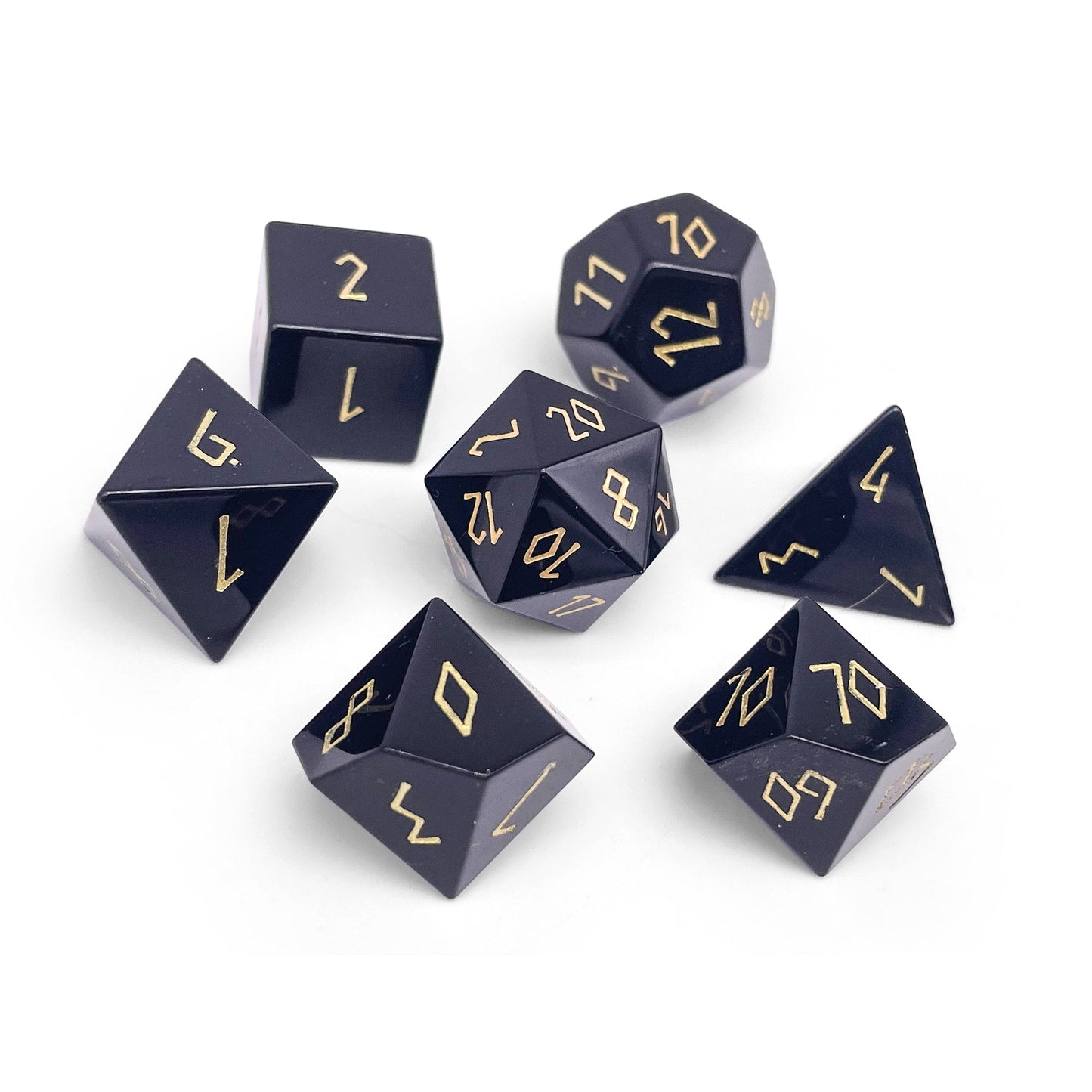 Black Obsidian Gold Font Dice Set | Gemstone Dice