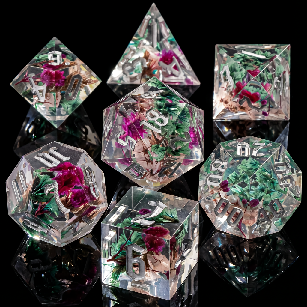 Floral, Transparent,  Dice Sets - 7-Piece Set