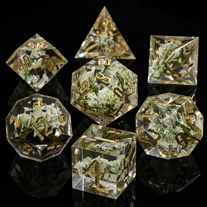 DnD Resin Dice Clear Gold Transparent White Flower