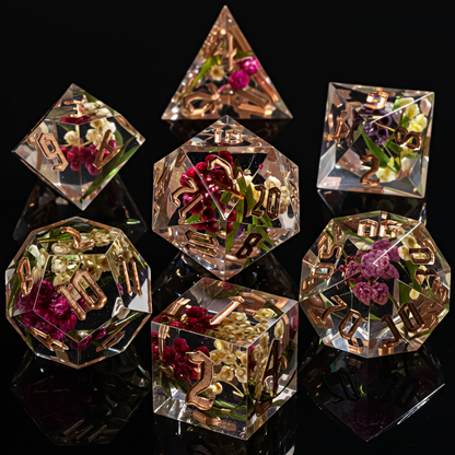 DnD Resin Dice Clear Transparent Gold Red and Purple Flower