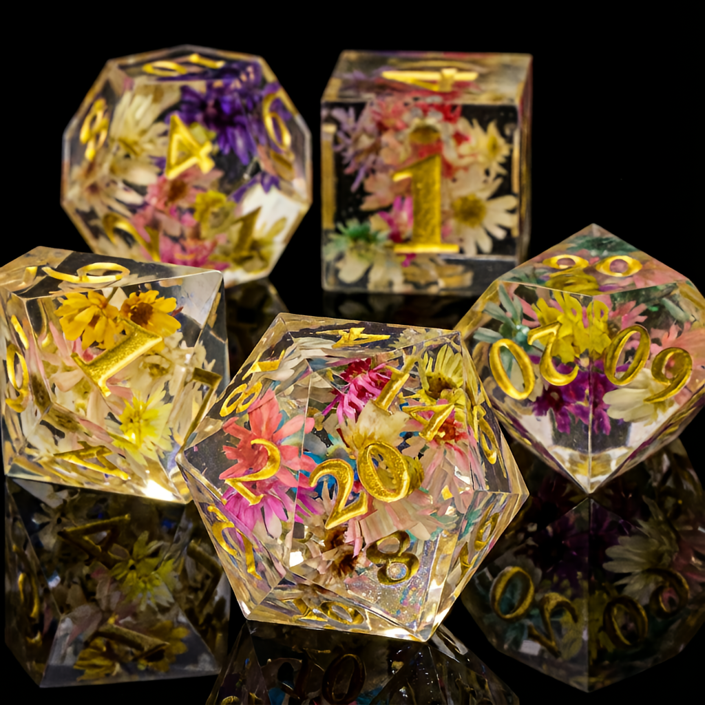 DnD Resin Dice Clear Transparent Yellow and White Flower Gold Number