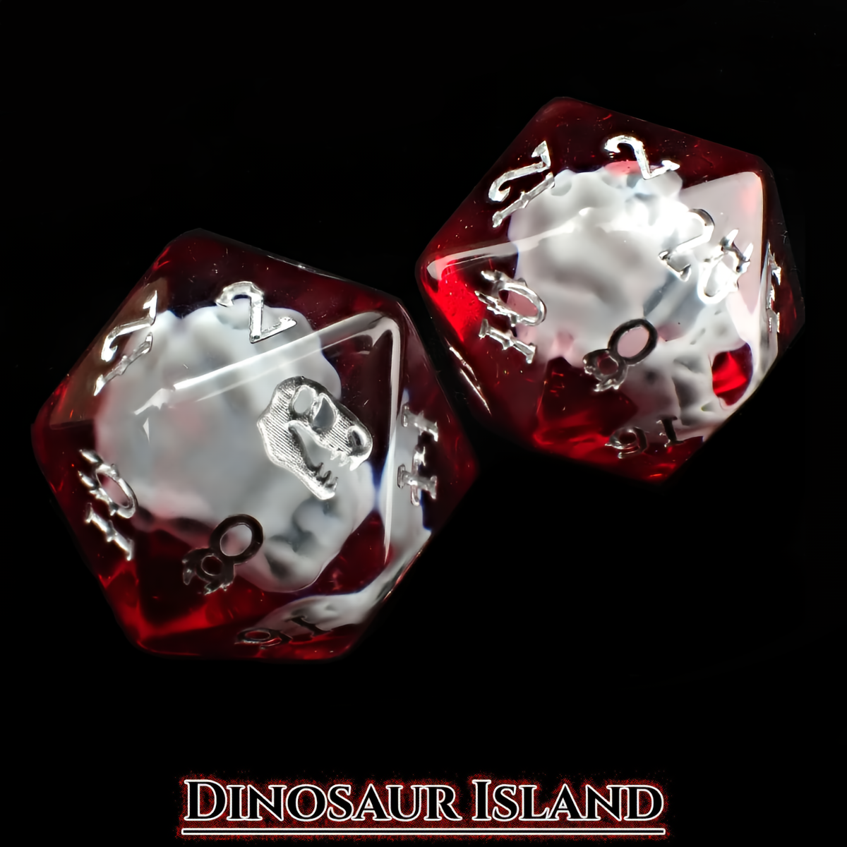 Dinosaur Themed Dice Set in Red and White - d20 Close Up
