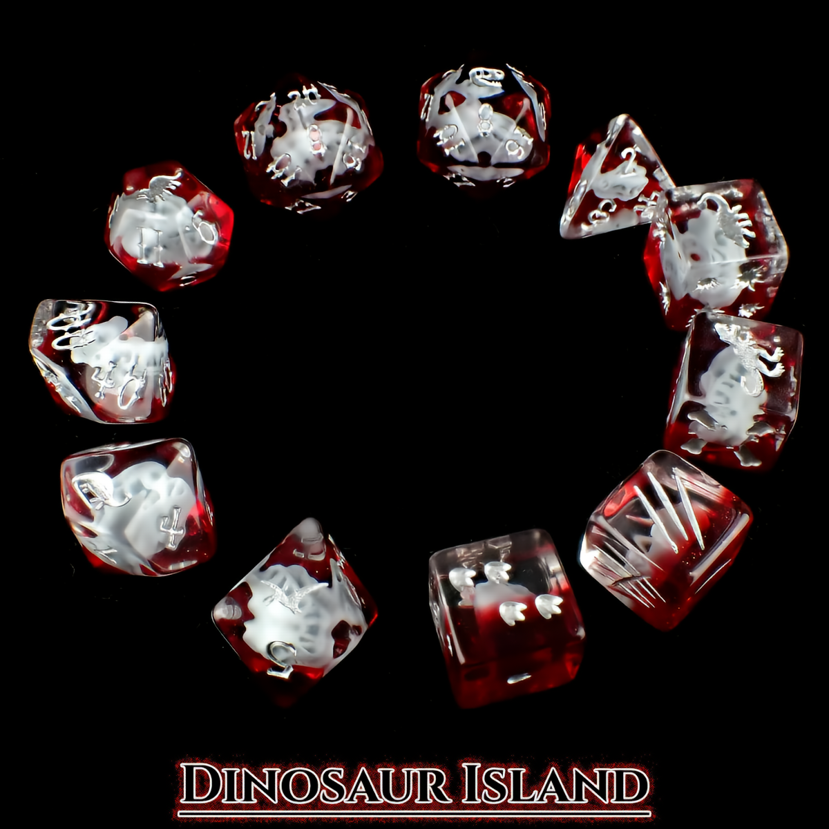 Dinosaur Themed Dice Set in Red and White - Top View
