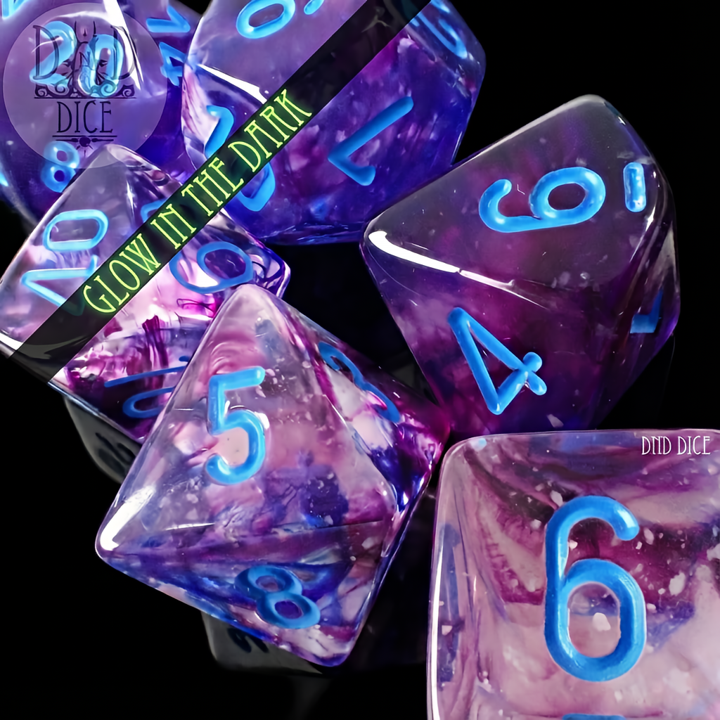 Glow In The Dark Resin Dice Set - Purple and Blue - Close Up