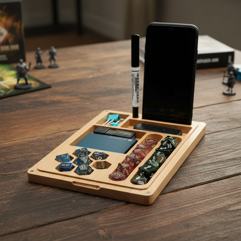 2 in 1 Bamboo Dice Case & Dice Tray/Dice Vault - 7 Piece Dice Set Included