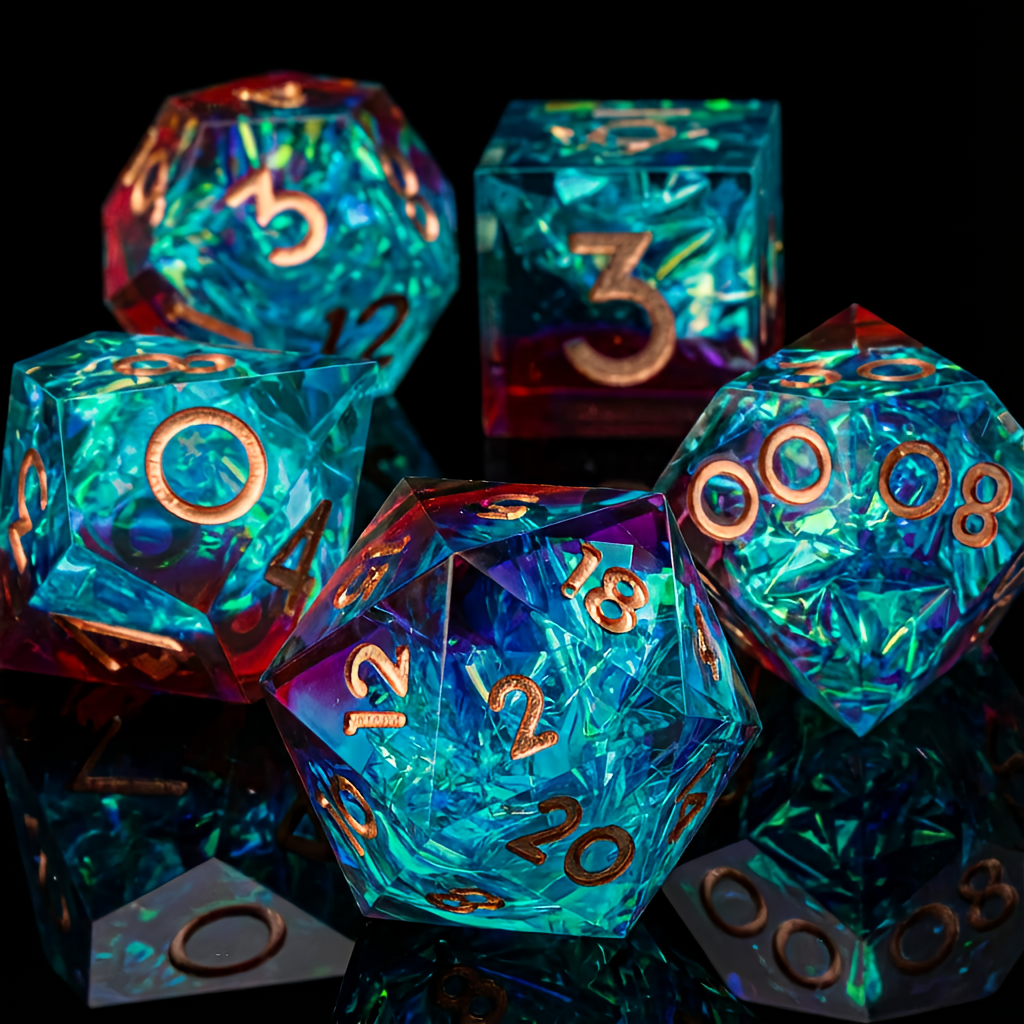 DnD Resin Dice Electric Blue and Red Mystic Sky Gold Numbers
