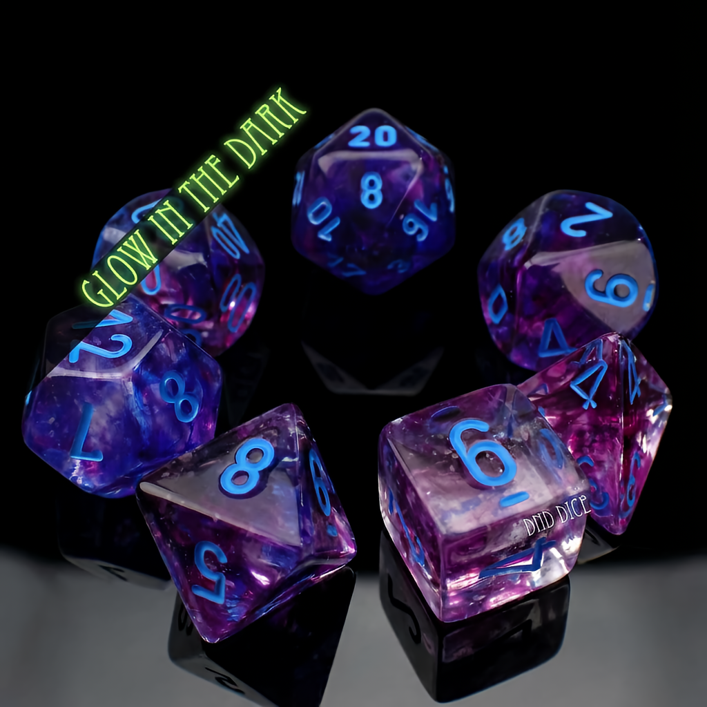 Glow In The Dark Resin Dice Set - Purple and Blue - Top View