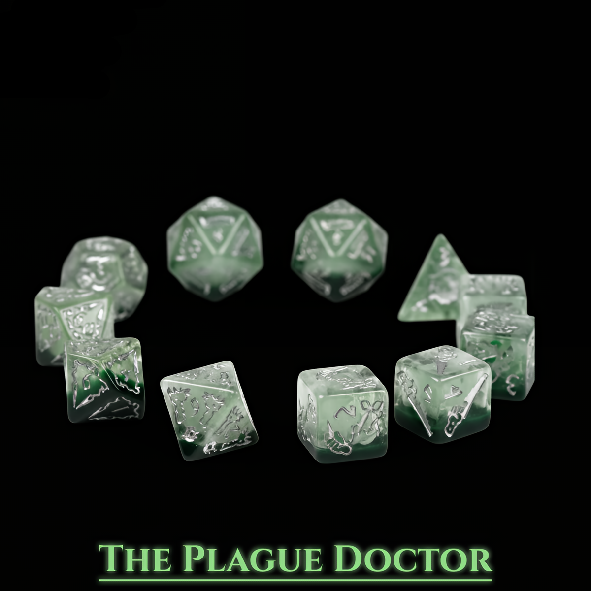 Plague Doctor Themed Dice Set in Green - Top View