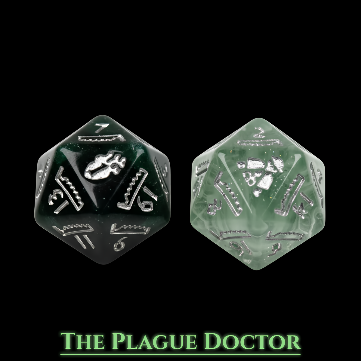 Plague Doctor Themed Dice Set in Green - D20 Close Up