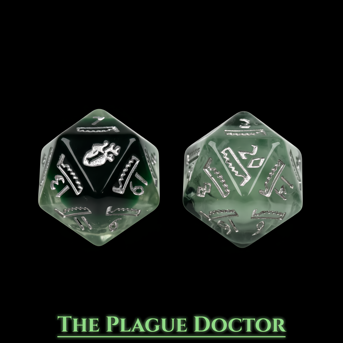 Plague Doctor Themed Dice Set in Green - D20 Alt Close Up