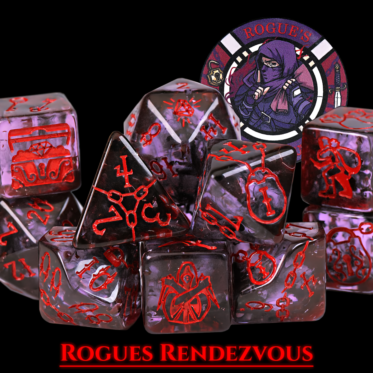 Rogue Themed Dice Set in Red and Purple