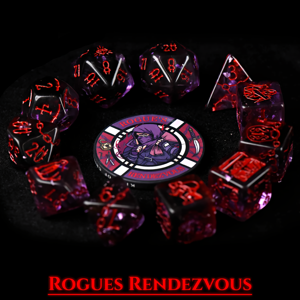 Rogue Themed Dice Set in Red and Purple - Top View