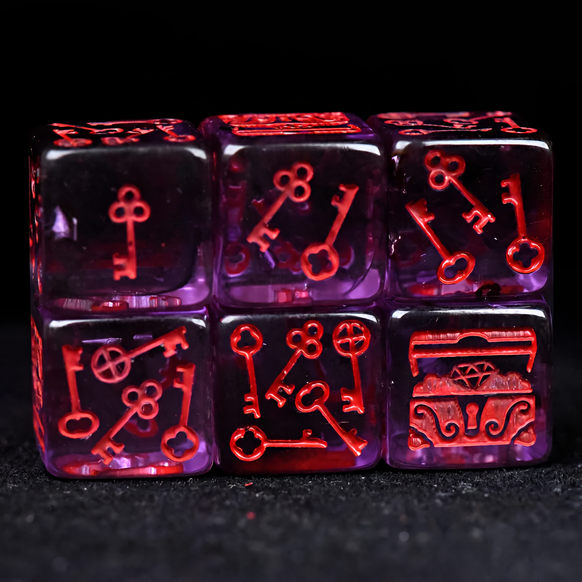 Rogue Themed Dice Set in Red and Purple - d6 Keys and Treasure