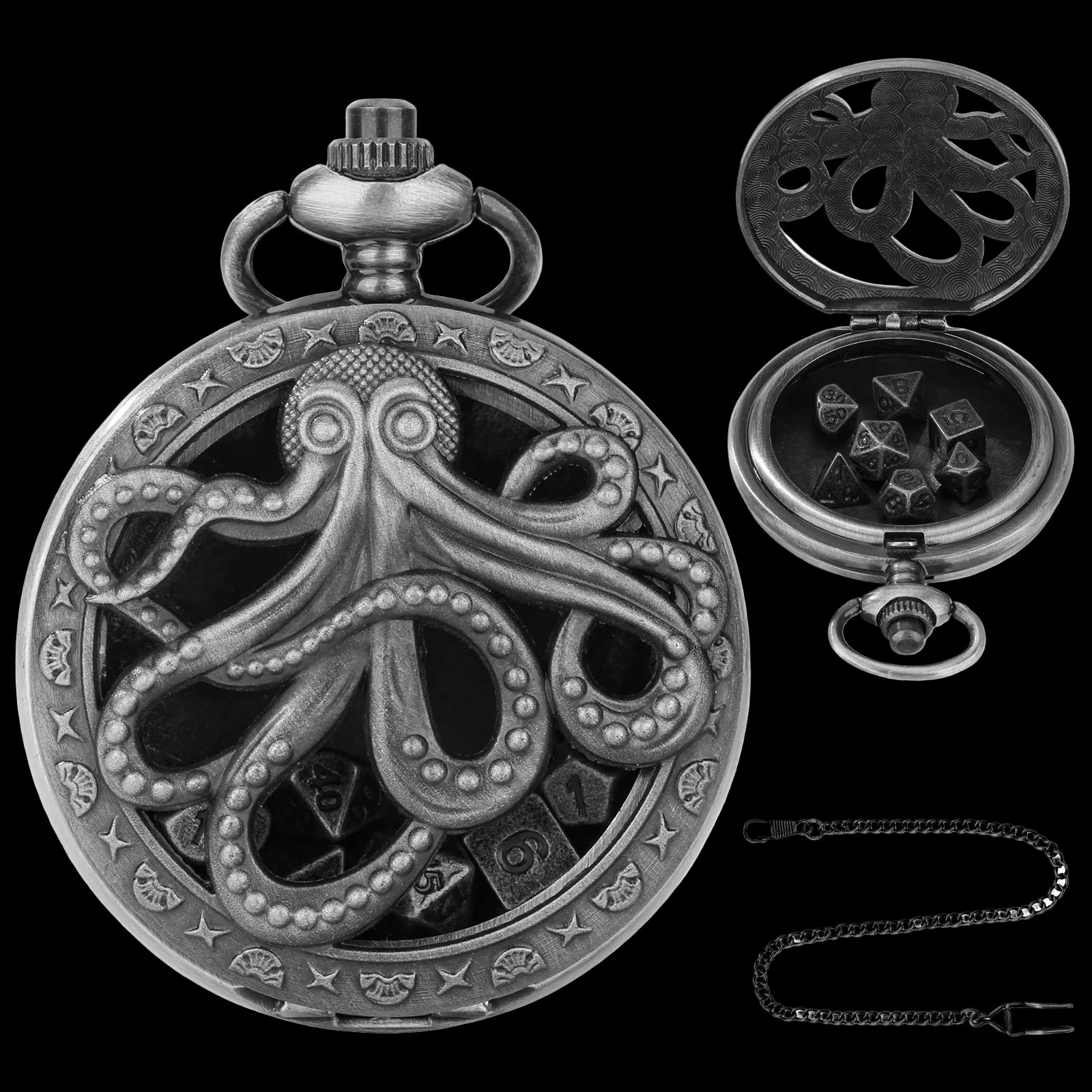 Mythical Metal Dice Cases – Vintage Dice Boxes - 7-Piece Pocket Watch Dice Sets