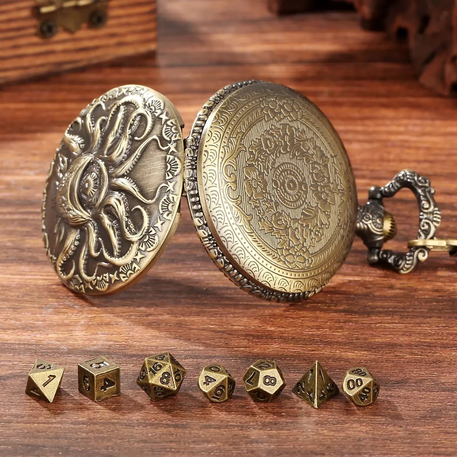Mythical Metal Dice Cases – Vintage Dice Boxes - 7-Piece Pocket Watch Dice Sets