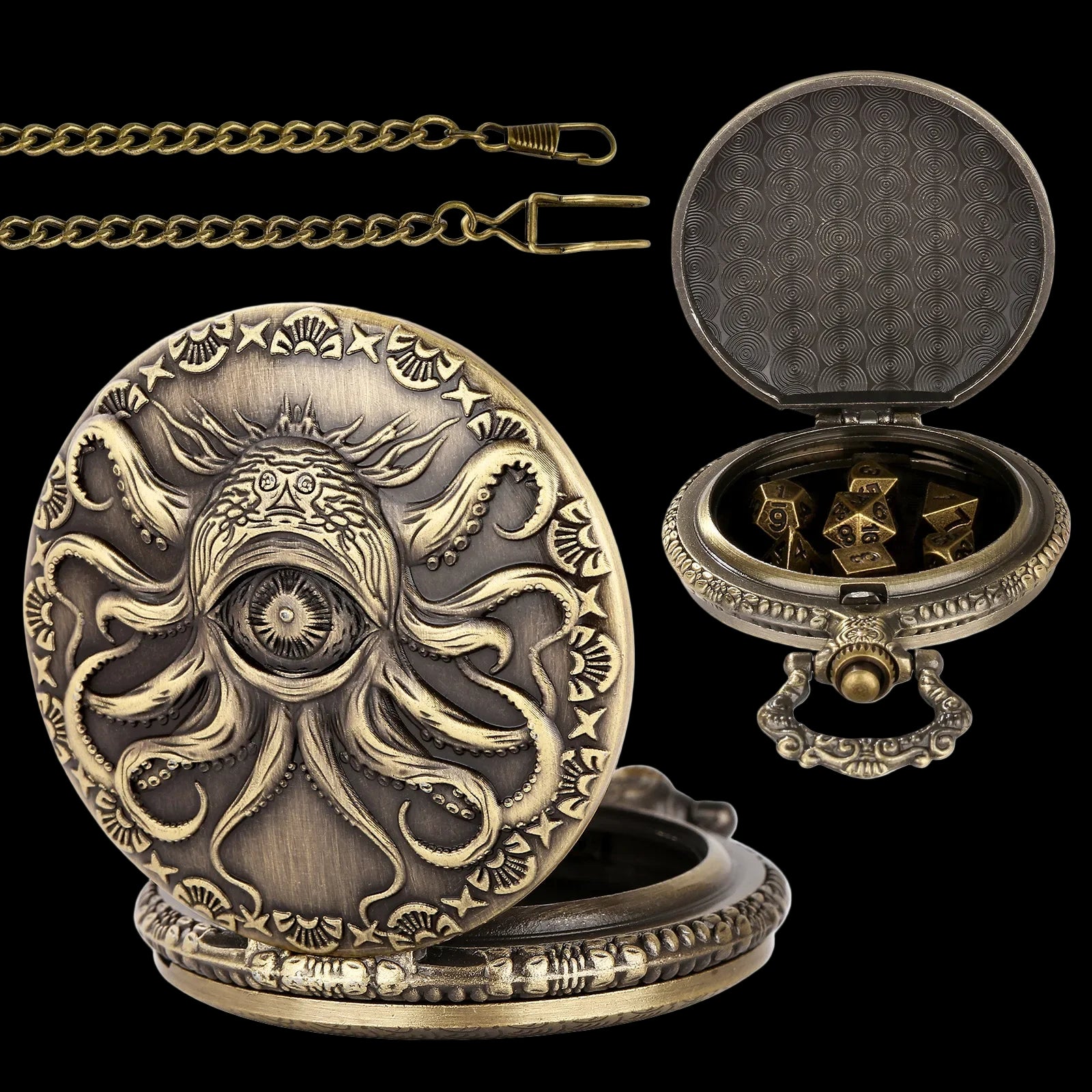 Mythical Metal Dice Cases – Vintage Dice Boxes - 7-Piece Pocket Watch Dice Sets