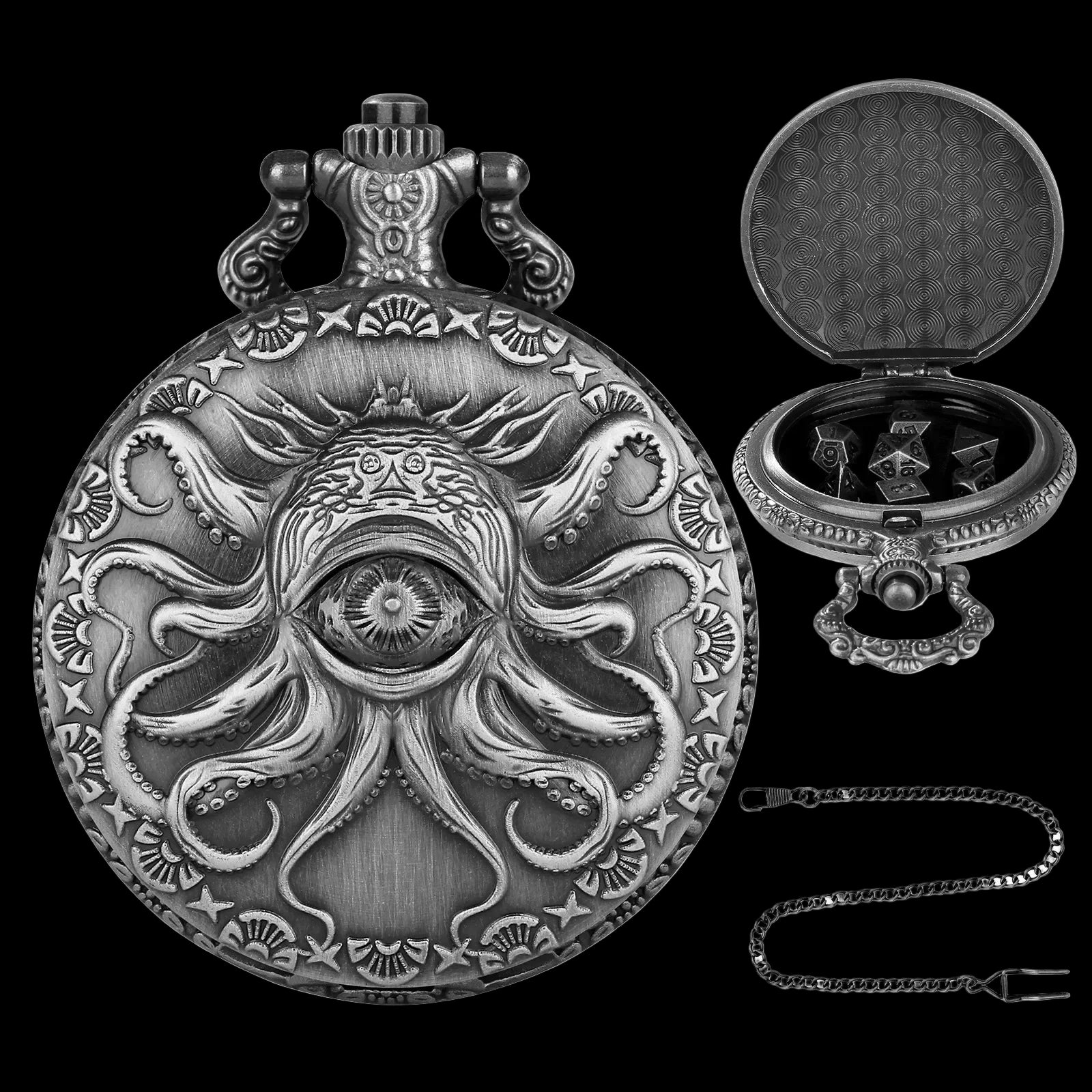 Mythical Metal Dice Cases – Vintage Dice Boxes - 7-Piece Pocket Watch Dice Sets