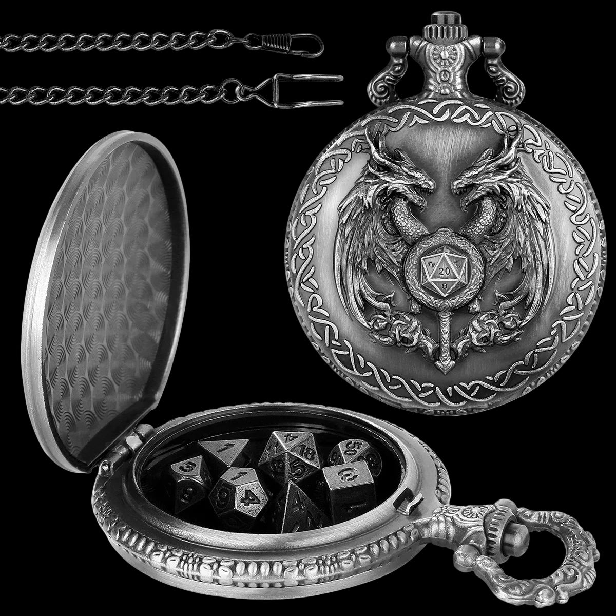 Mythical Metal Dice Cases – Vintage Dice Boxes - 7-Piece Pocket Watch Dice Sets