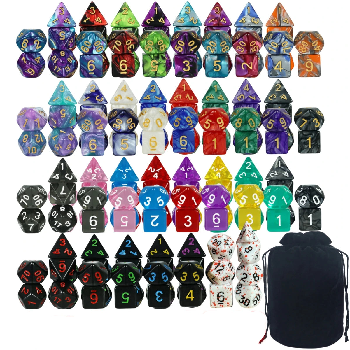 Assorted Polyhedral Dice Bundle – 30 Complete 7-Piece Sets with Velvet Storage Bag
