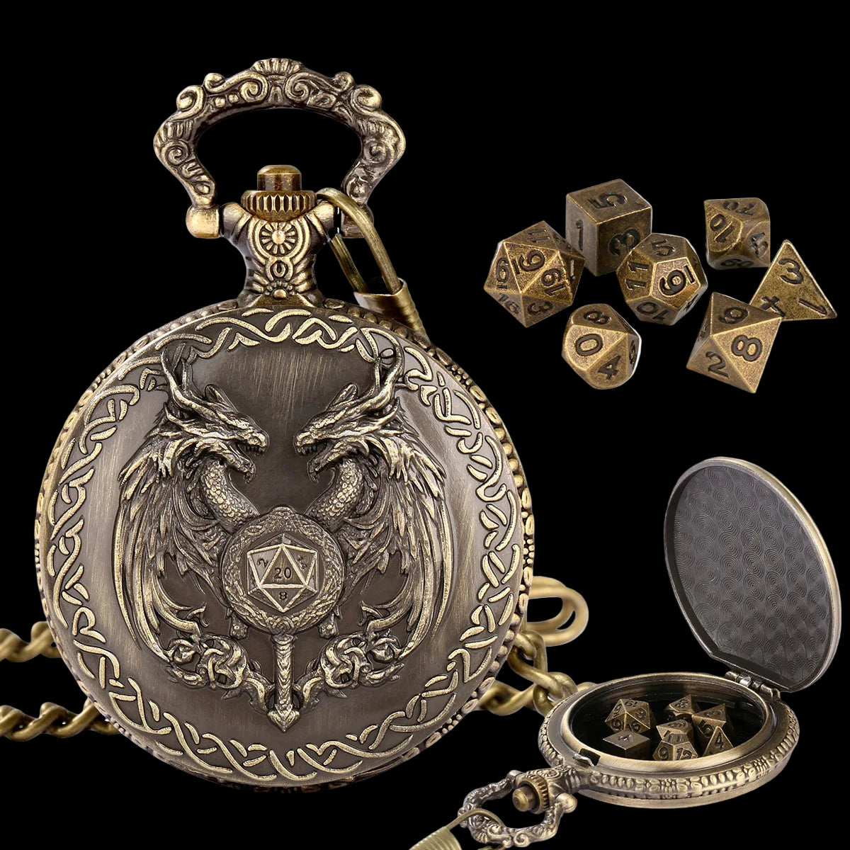Mythical Metal Dice Cases – Vintage Dice Boxes - 7-Piece Pocket Watch Dice Sets