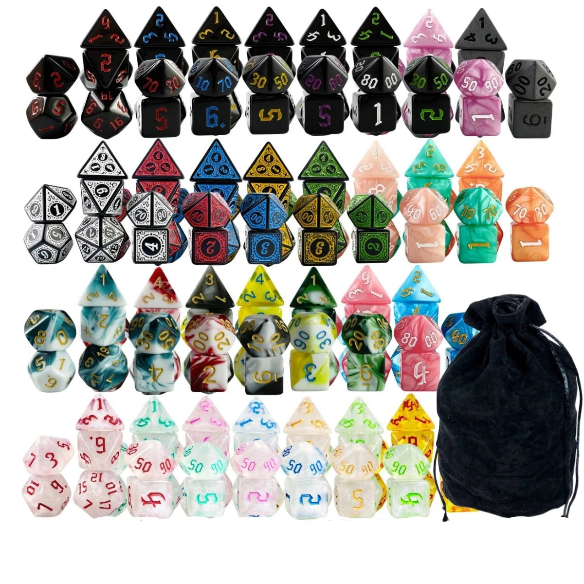 Assorted Polyhedral Dice Bundle – 30 Complete 7-Piece Sets with Velvet Storage Bag