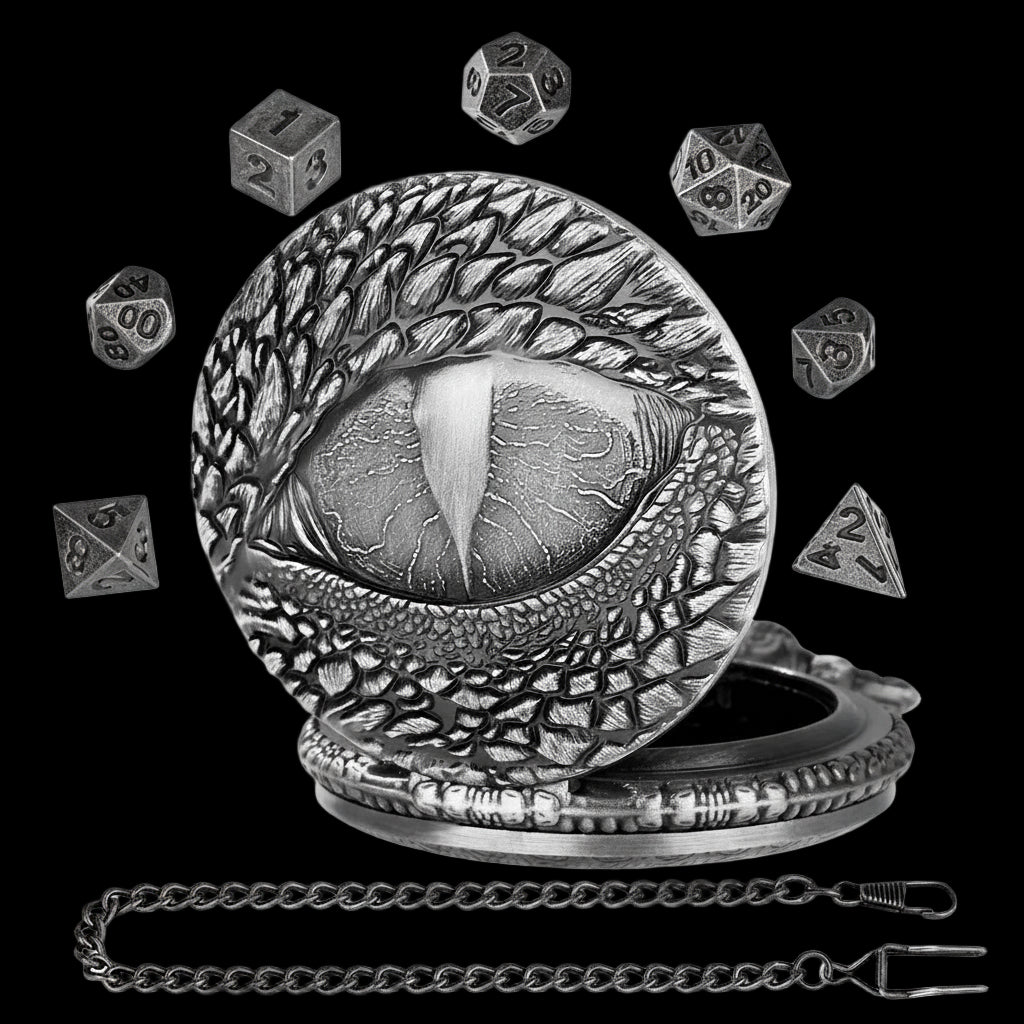 Mythical Metal Dice Cases – Vintage Dice Boxes - 7-Piece Pocket Watch Dice Sets