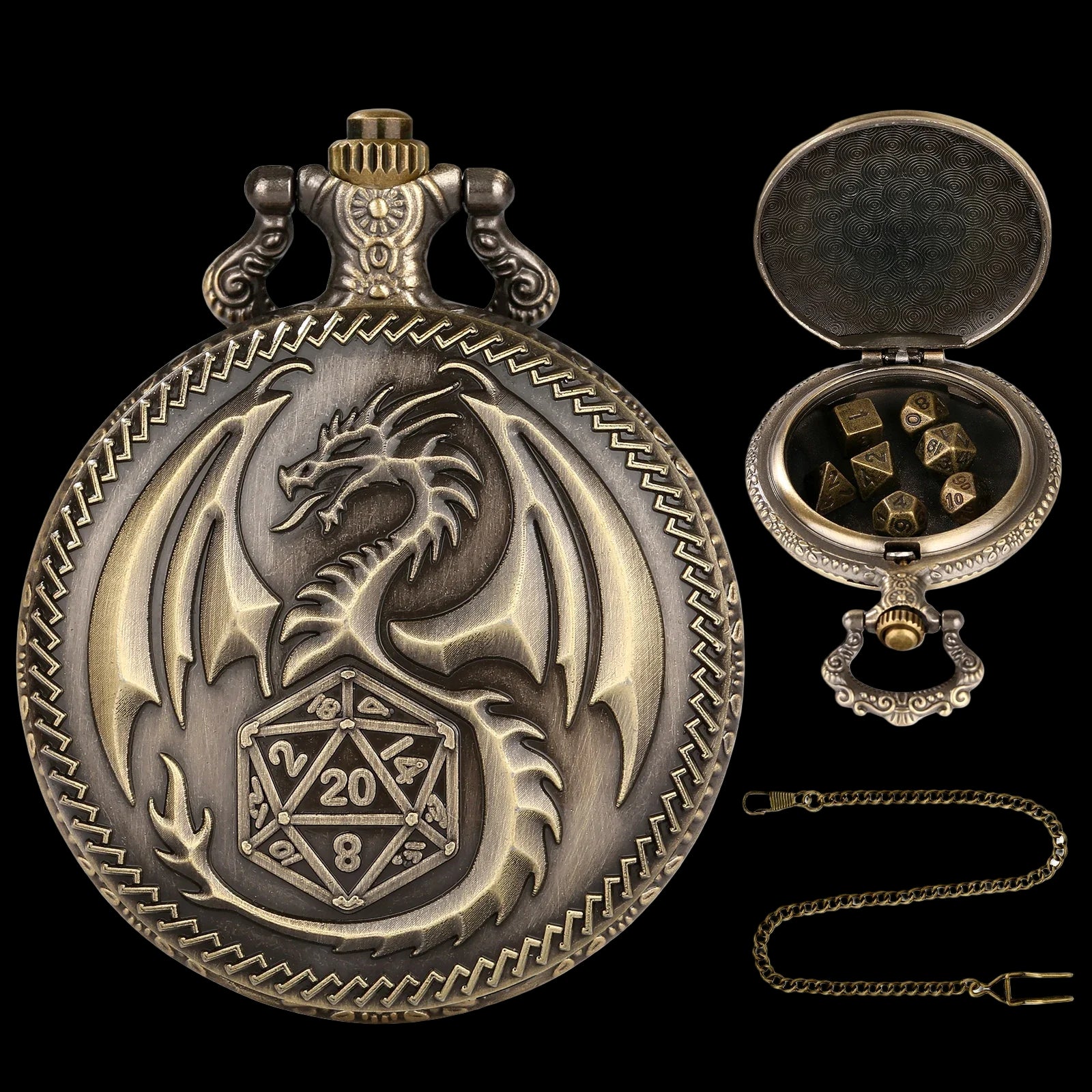 Mythical Metal Dice Cases – Vintage Dice Boxes - 7-Piece Pocket Watch Dice Sets