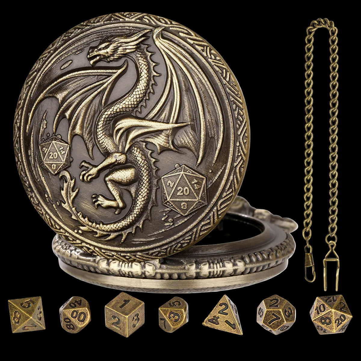 Mythical Metal Dice Cases – Vintage Dice Boxes - 7-Piece Pocket Watch Dice Sets