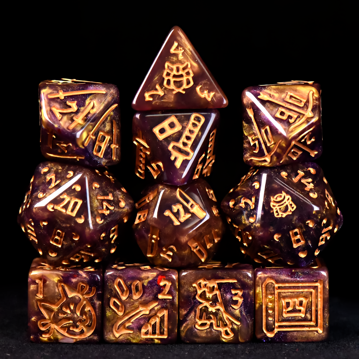 Samurai Themed Dice Set in Gold and Purple - Full Set