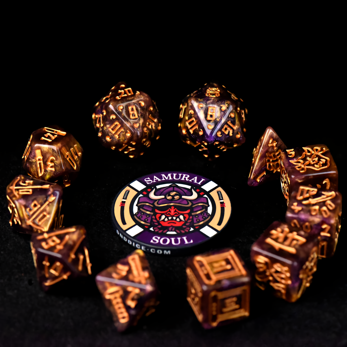 Samurai Themed Resin Dice Set in Gold and Purple - Top View