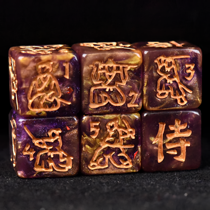 Samurai Themed Resin Dice Set in Gold and Purple - d6 Warriors