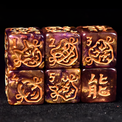 Samurai Themed Resin Dice Set in Gold and Purple - d6 Masks